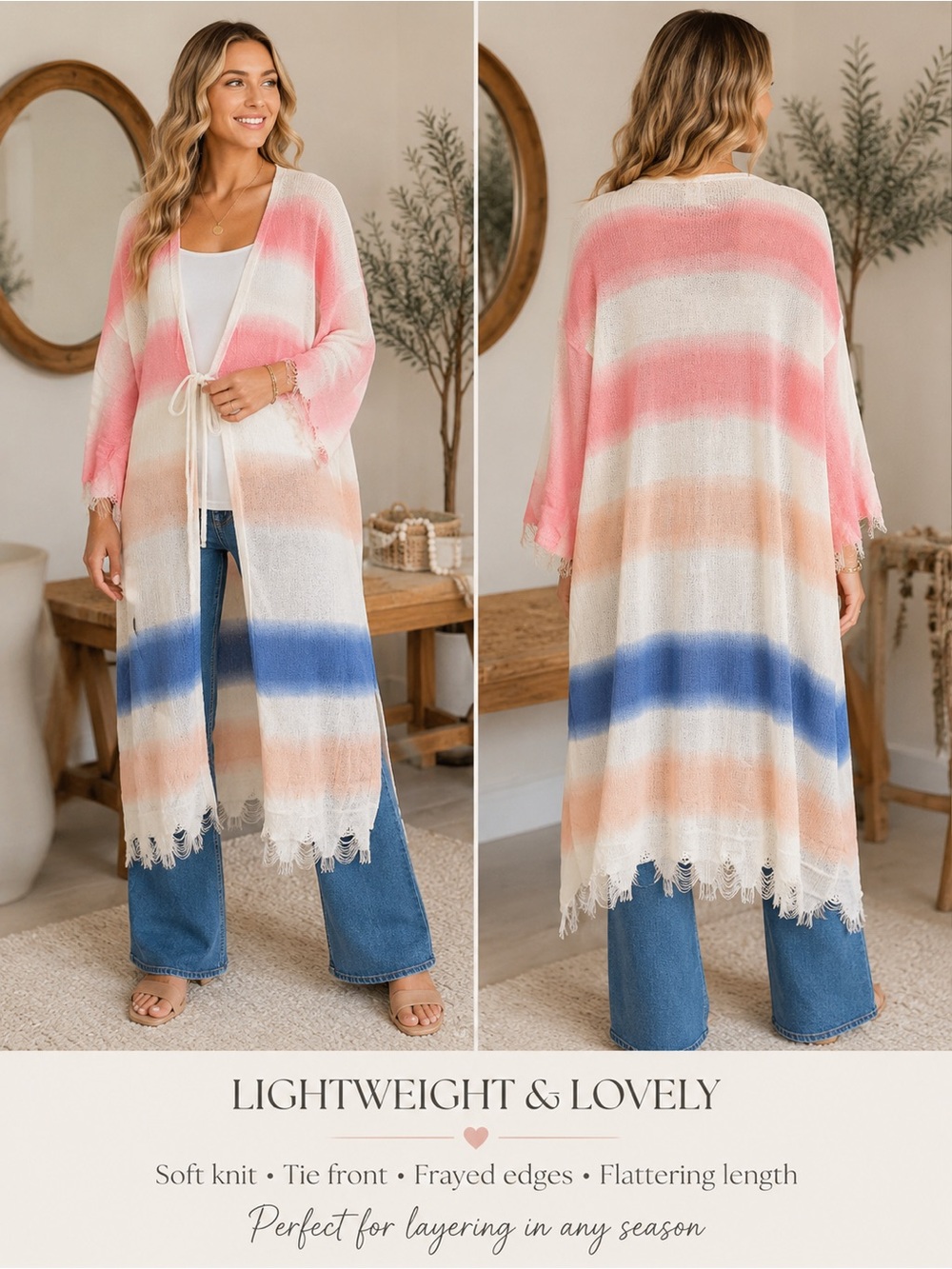 Striped Lightweight Knit Duster Cardigan - Pink, Peach, Blue, White